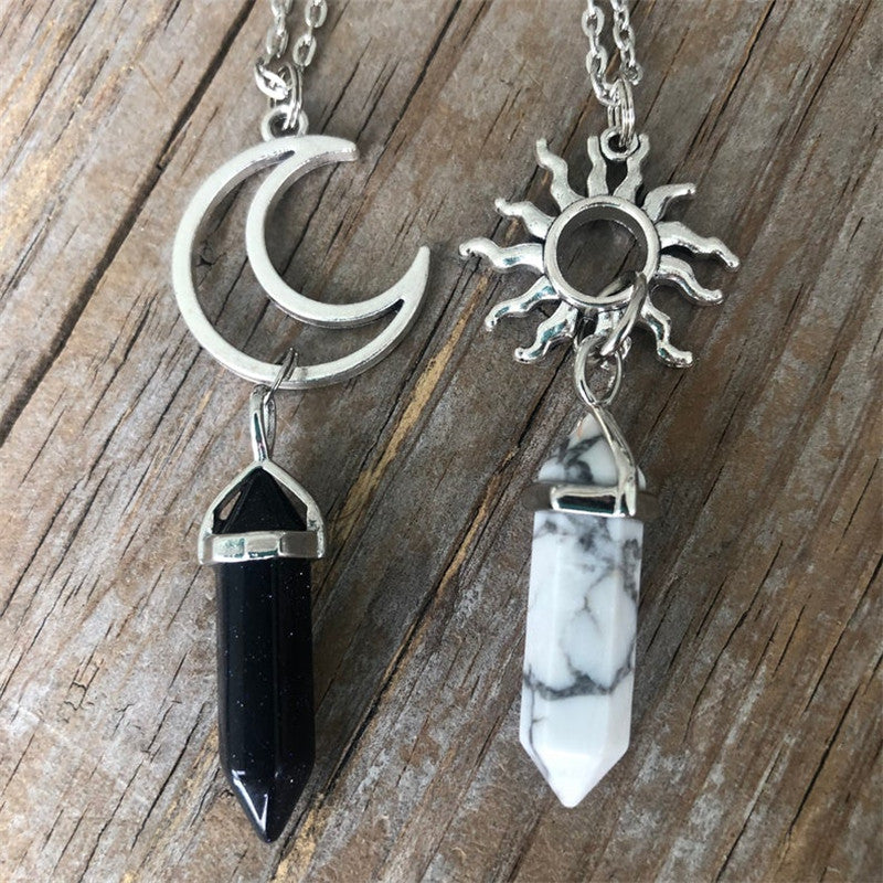 Sun and Moon Crystal Necklace Set for 2, Matching Healing Stone Pendants, Black Obsidian & White Howlite Hexagonal Point Jewelry, Celestial Best Friend Couple Necklace, Alloy Geometric Amulet