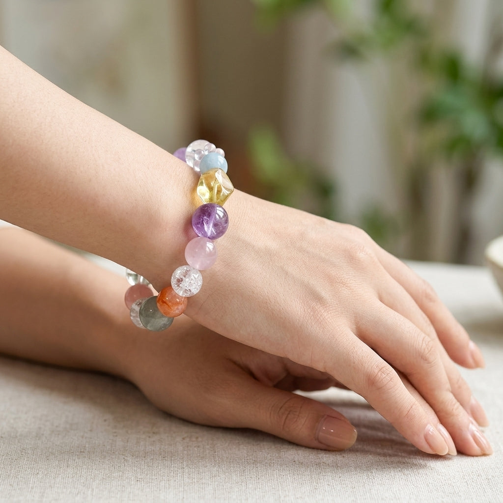 Natural Dopamine Colorful Crystal Bracelet, Chunky Healing Gemstone Jewelry, Citrine Rutilated Clear Quartz 7 Chakra Energy Stone