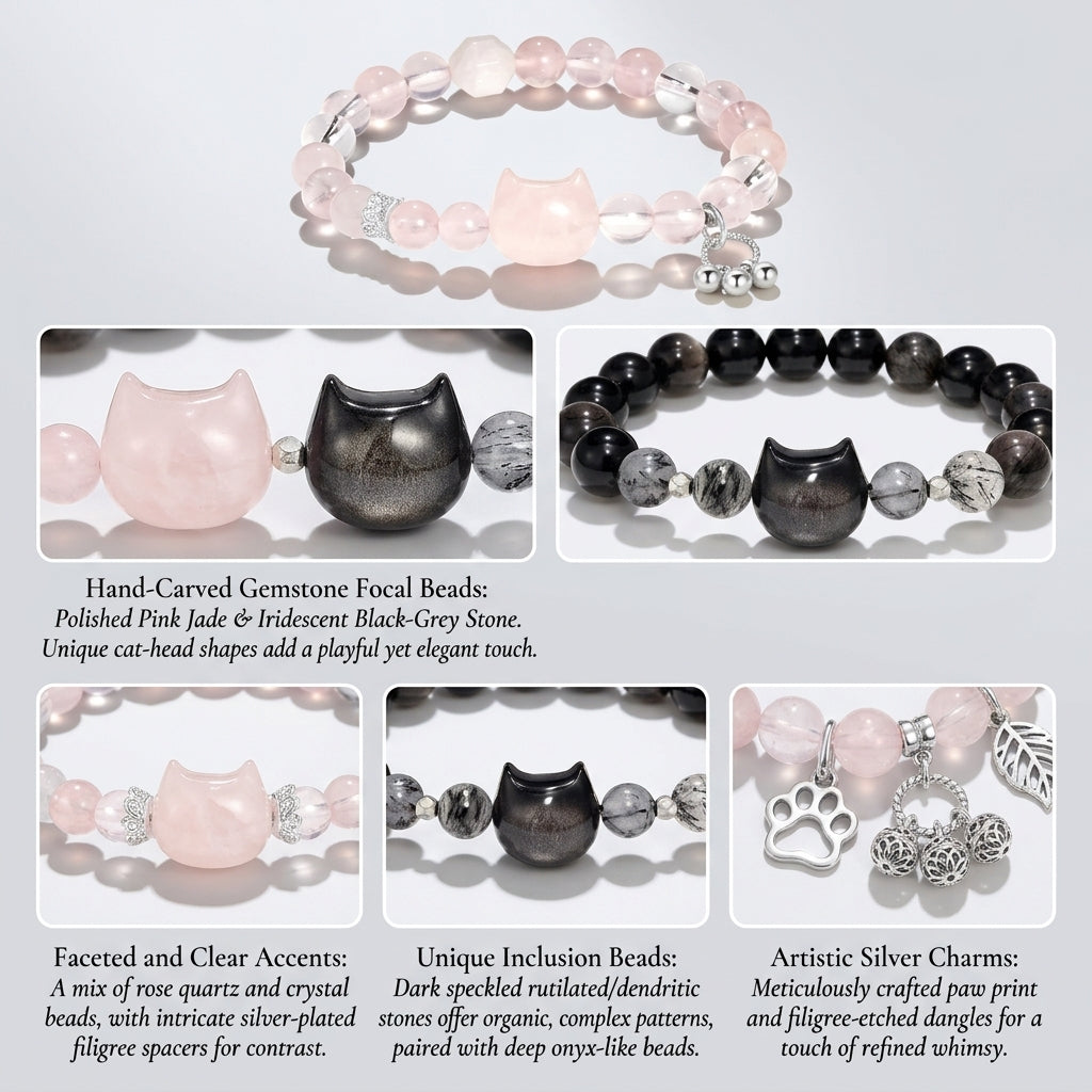 Natural Rose Quartz & Silver Obsidian Cat Charm Bracelet, Black Rutilated Quartz Wealth Stone, Heart & Root Chakra Healing Gift