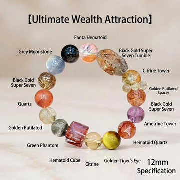12mm Natural Crystal Bracelet for Abundance, Black Gold Super Seven, Golden Rutilated, Citrine, Hematoid Quartz Chakra Healing Jewelry