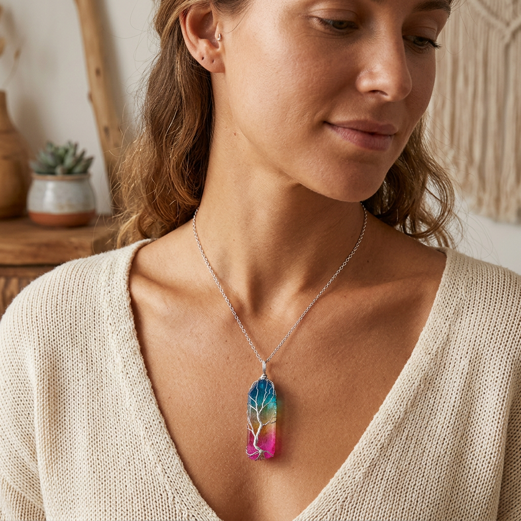 Dyed Natural White Crystal Column Tree Of Life Pendant Necklace