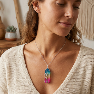 Dyed Natural White Crystal Column Tree Of Life Pendant Necklace
