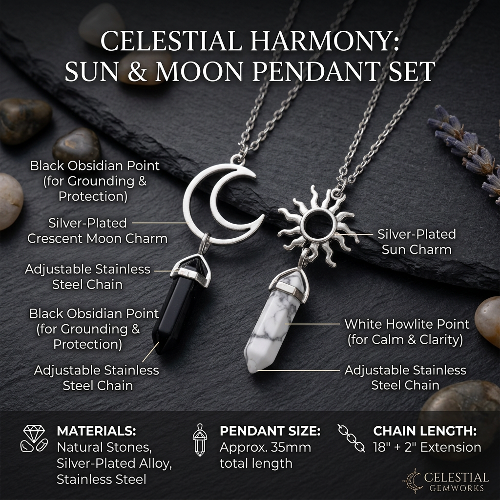 Sun and Moon Crystal Necklace Set for 2, Matching Healing Stone Pendants, Black Obsidian & White Howlite Hexagonal Point Jewelry, Celestial Best Friend Couple Necklace, Alloy Geometric Amulet