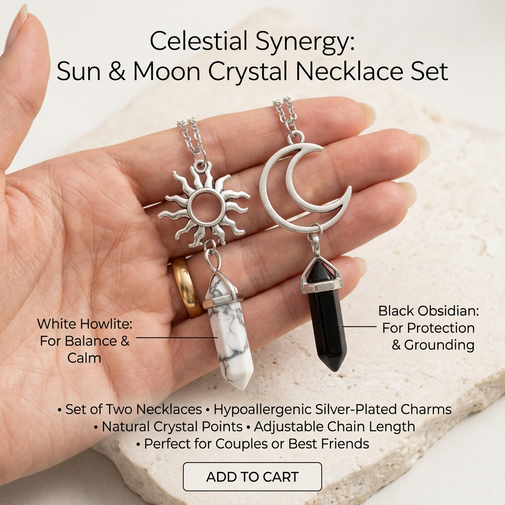 Sun and Moon Crystal Necklace Set for 2, Matching Healing Stone Pendants, Black Obsidian & White Howlite Hexagonal Point Jewelry, Celestial Best Friend Couple Necklace, Alloy Geometric Amulet