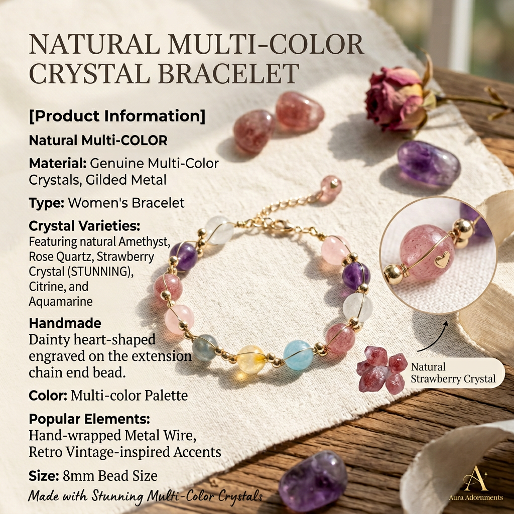 Natural Multi-Color Crystal Bead Bracelet, 8mm Strawberry Quartz & Mixed Healing Stones, Gold Wire Wrapped Artisan Jewelry, Adjustable Chakra Balance Bracelet for Women