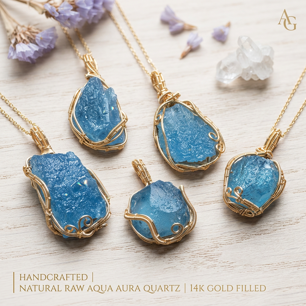 Natural Raw Aquamarine Necklace, Gold Wire Wrapped Rough Crystal Pendant, March Birthstone Jewelry for Women, Handmade Blue Gemstone Healing Stone, Sea-Inspired Spiritual Gift