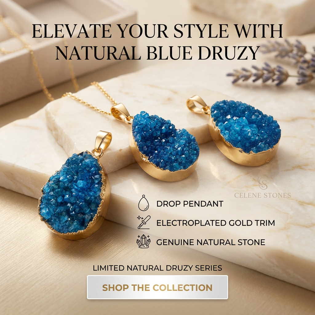 Natural Blue Druzy Teardrop Pendant, Gold Rimmed Sparkling Geode Necklace, Deep Sea Blue Healing Stone, Hand-Polished Teardrop Amulet