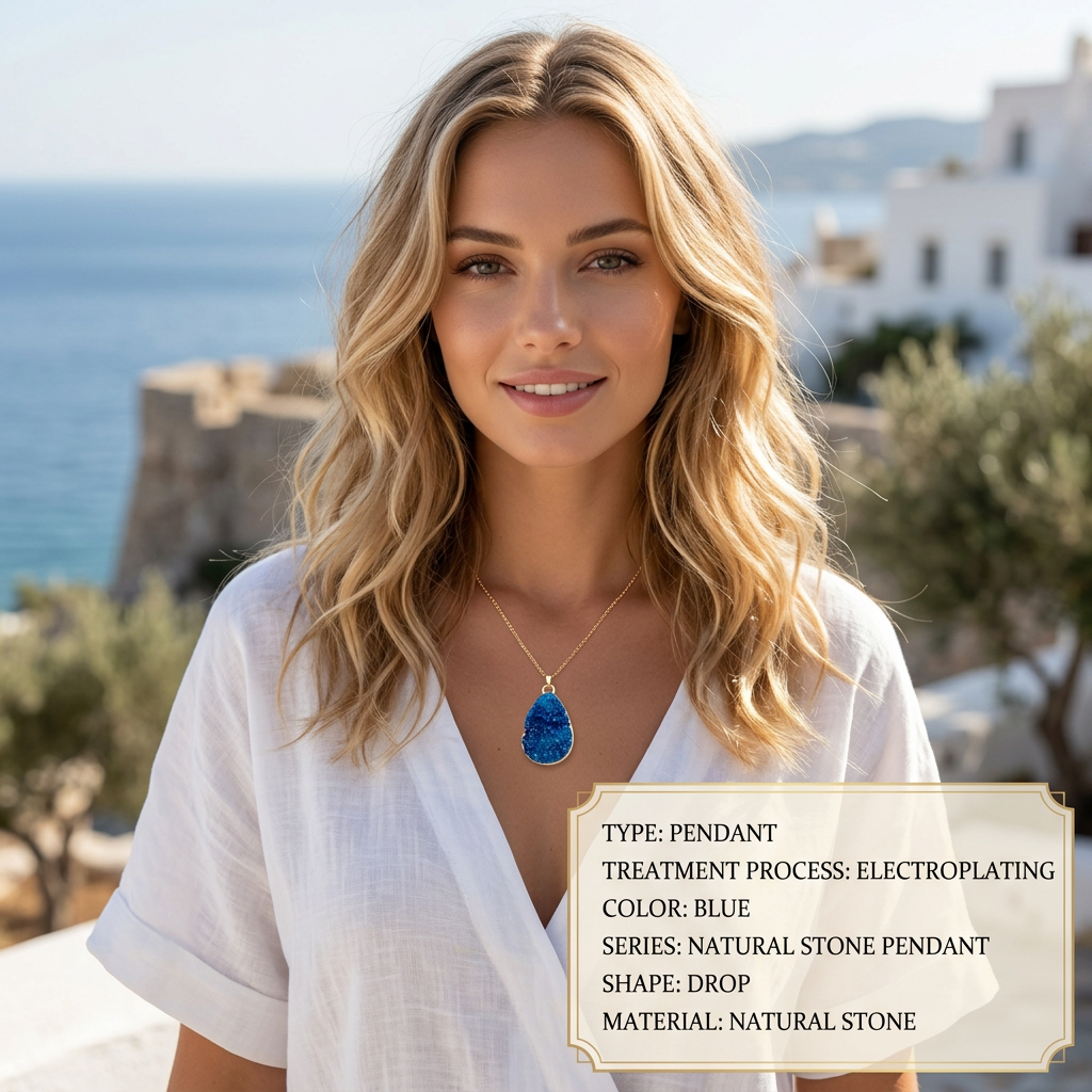 Natural Blue Druzy Teardrop Pendant, Gold Rimmed Sparkling Geode Necklace, Deep Sea Blue Healing Stone, Hand-Polished Teardrop Amulet