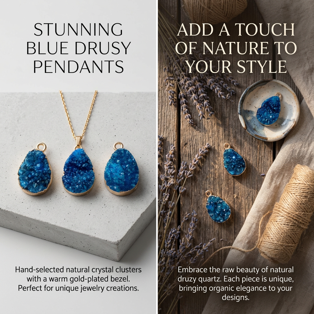 Natural Blue Druzy Teardrop Pendant, Gold Rimmed Sparkling Geode Necklace, Deep Sea Blue Healing Stone, Hand-Polished Teardrop Amulet