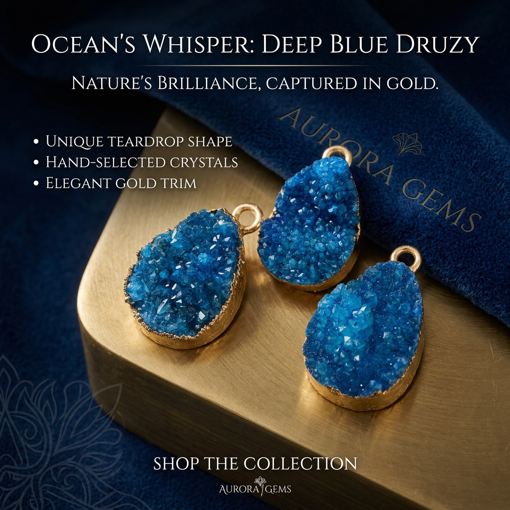 Natural Blue Druzy Teardrop Pendant, Gold Rimmed Sparkling Geode Necklace, Deep Sea Blue Healing Stone, Hand-Polished Teardrop Amulet
