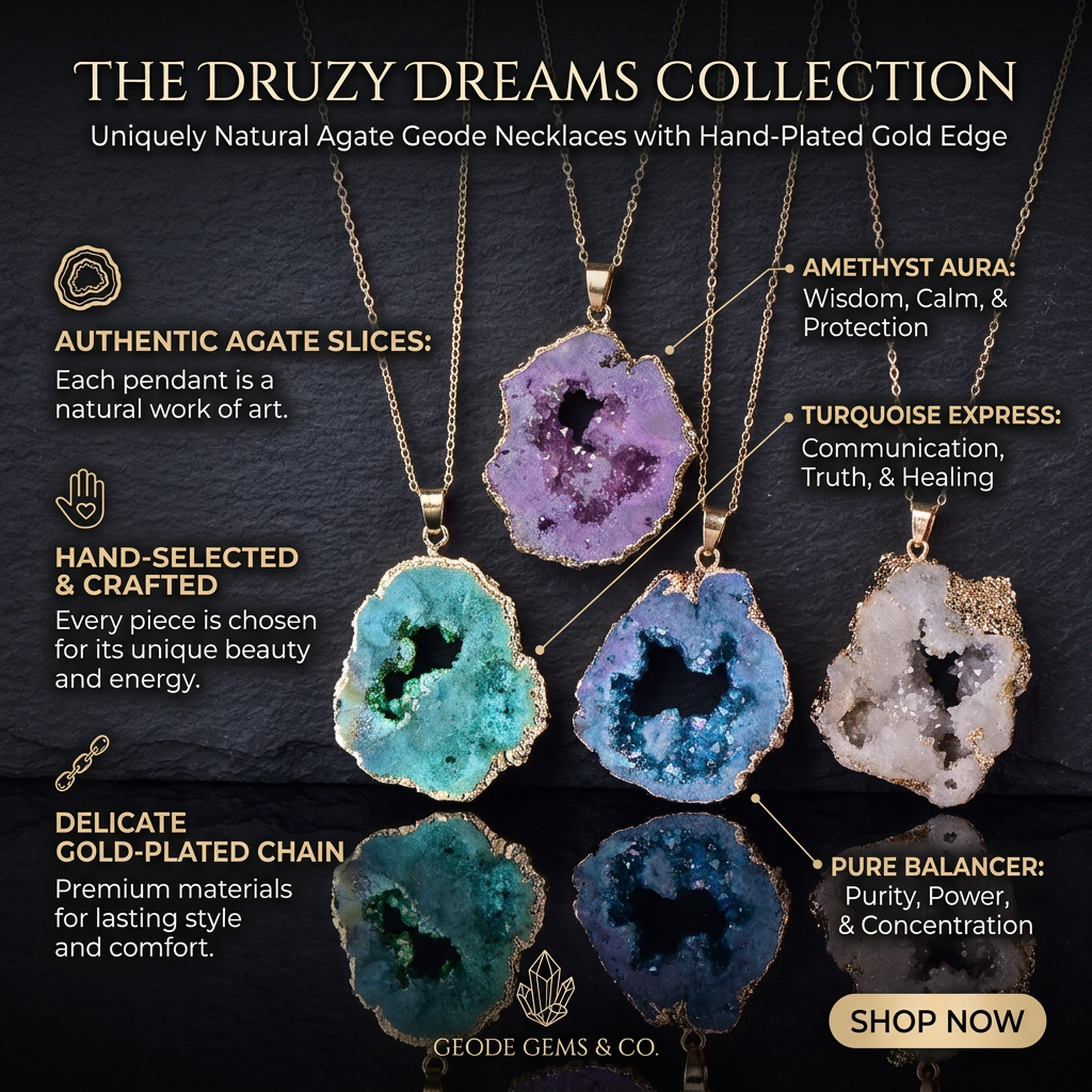 Natural Crystal Geode Slice Necklace, Gold Dipped Druzy Pendant, Irregular Geode Cavity Healing Stone, Authentic Agate Geode Jewelry for Women, Boho Spiritual Gift