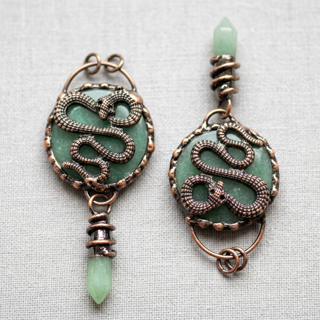ntique copper snake earrings with natural teal crystal disc and green jade point, wire wrapped mystical jewelry